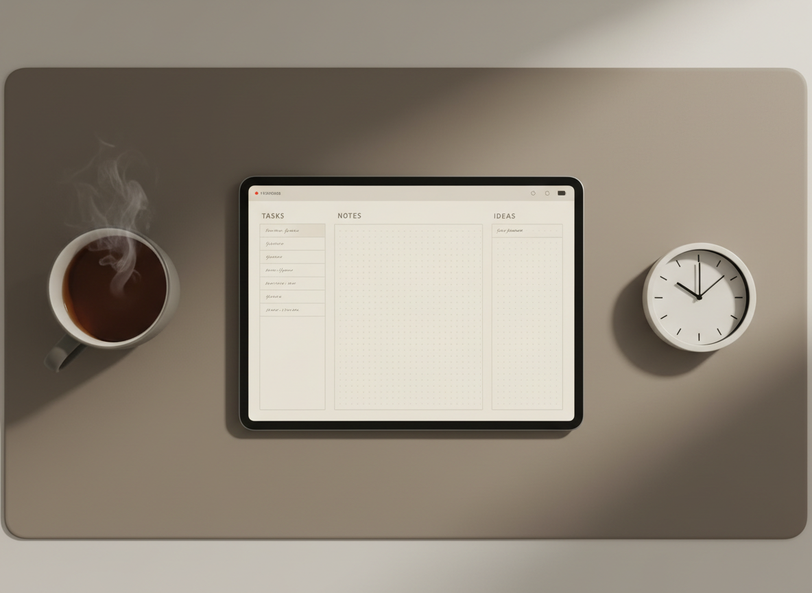 A top-down view of a tidy digital journaling scene: a tablet with a cream-colored digital journal page open, with subtle grid lines and neatly organized sections. Surrounding it are a muted taupe fabric desk mat, a ceramic cup of tea in a warm gray tone, and a small, unbranded analog clock with simple black hands. Soft, indirect afternoon light from above-right creates delicate highlights on the glass screen and gentle shadows along the objects’ edges. The background remains mostly empty, emphasizing negative space. Photographic realism with a minimalist aesthetic, capturing a sense of quiet reflection and slow, intentional planning.