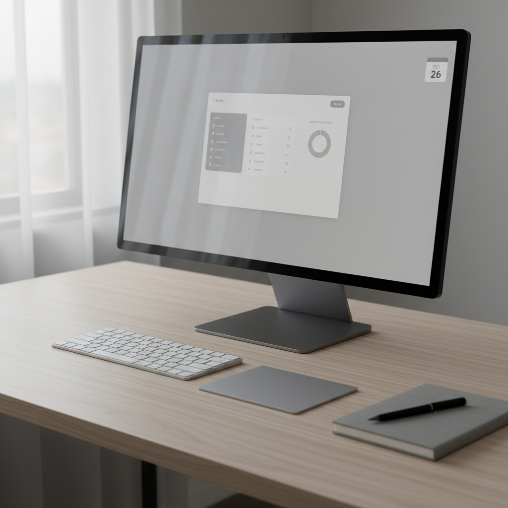 A close-up of a minimalist desktop setup featuring a large, borderless monitor showing a serene productivity dashboard with muted gray widgets and a small calendar in the corner. In front of the monitor, a slim wireless keyboard and trackpad sit precisely aligned on a pale wooden surface with a finely textured grain. A single soft-gray notebook and pen rest off to one side, hinting at hybrid digital-analog planning. Overcast daylight filters in from the left, reflected subtly on the monitor’s matte surface. The composition uses the rule of thirds with photographic realism, creating a sophisticated, uncluttered atmosphere ideal for gentle productivity.