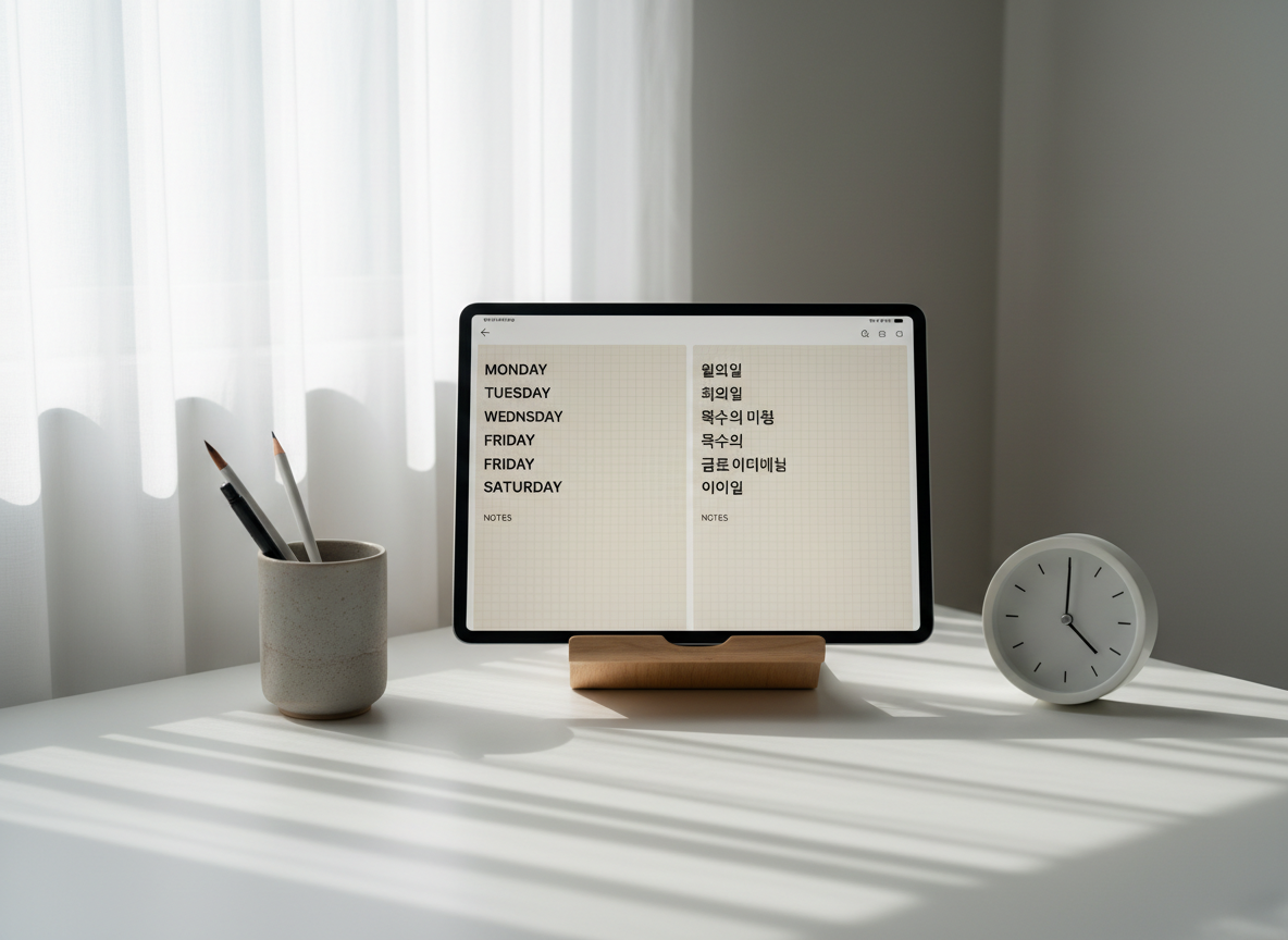 A carefully arranged workspace featuring a language-friendly digital planning setup: a large tablet in landscape orientation shows a split-screen planner, one side with English headings and the other with Korean, both in clean sans-serif type on a light beige background. The tablet rests on a smooth, pale wood stand, flanked by a muted gray ceramic pencil cup and a minimal white desk clock with no numbers. Natural light from a side window passes through a sheer curtain, creating diffused, tranquil illumination and soft shadows. Photographic realism from a slightly elevated angle, with a minimalist, sophisticated atmosphere that emphasizes calm bilingual productivity.