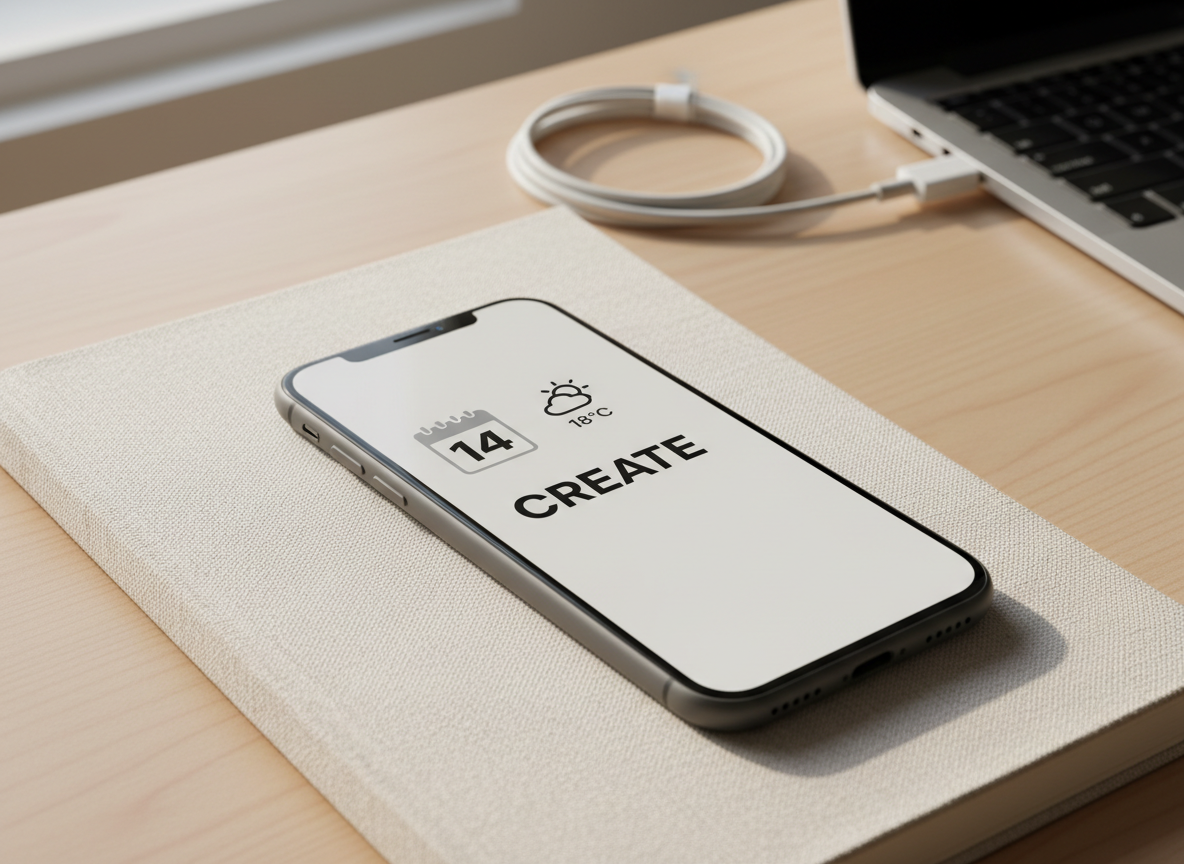 A close-up, slightly angled shot of a smartphone resting on a linen-textured notebook, the screen showing a compact, monochrome widget set: a tiny calendar, weather icon, and a daily focus word on a soft off-white background. The phone’s edges are matte and dark, contrasting with the warm, pale fabric beneath. In the blurred background, the corner of a laptop and a neatly coiled charging cable sit on a clean desk. Gentle morning window light washes over the scene, producing a soft glow and minimal shadows. Photographic realism, with a calm, sophisticated mood that highlights simple, quiet digital tools for everyday focus.